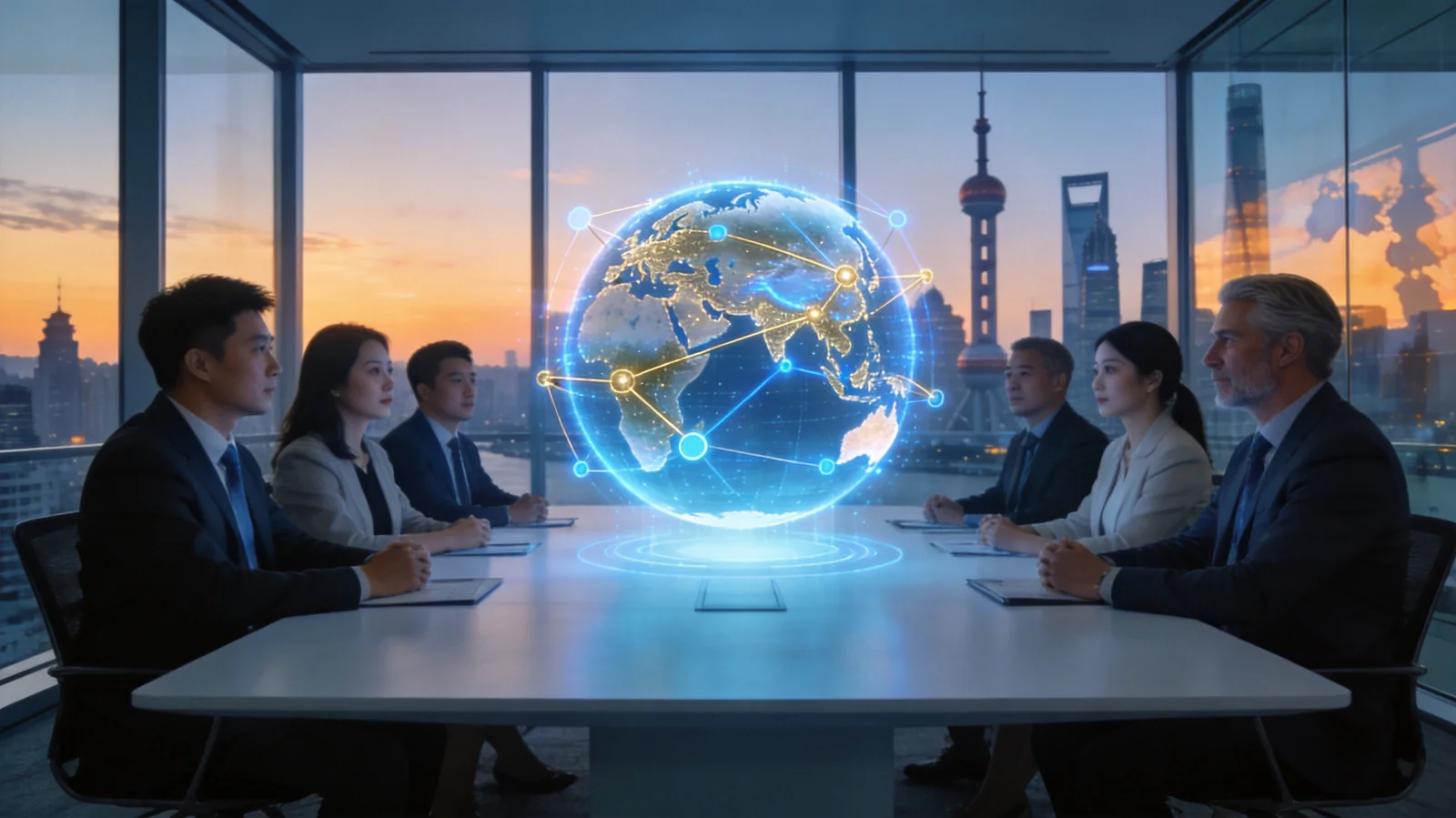 A modern conference room in a high-rise office overlooking a Shanghai cityscape at dusk. A diverse group of Chinese and inter